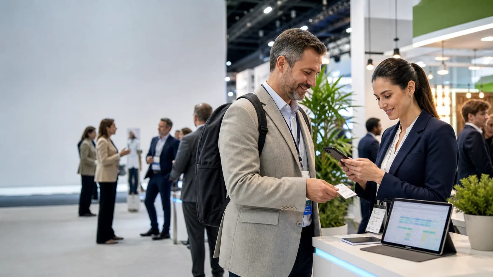 Sales team che acquisisce un lead a una fiera con smartphone